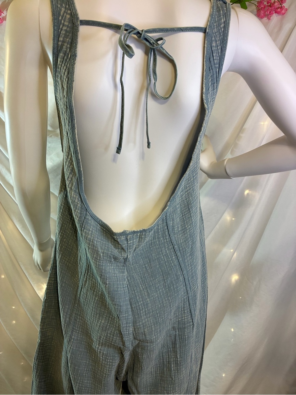 Zenana Dusty Blue/Cream Wide-Leg Square-Neck Jumpsuit (display small) - Picture 8 of 11